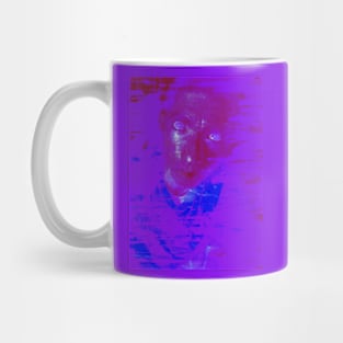 Portrait, digital collage and special processing. Man looking on us. Eyes. Smudged shapes. Violet. Mug